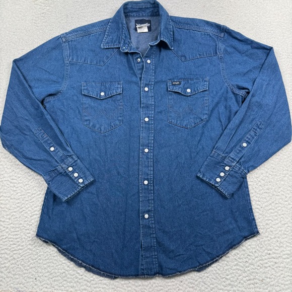 Wrangler | Shirts | Vtg Wrangler Denim Pearl Snap Shirt Mens Large ...
